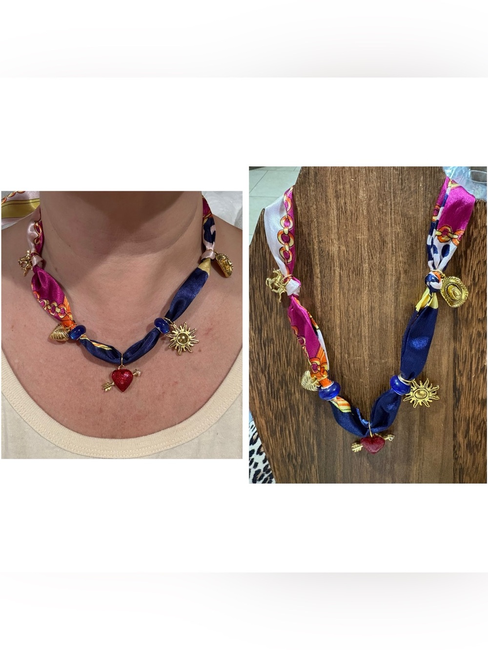 Twilly Charm Necklace with Gold Sun & Red Heart - Navy & Magenta